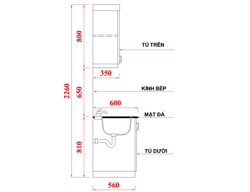 hình ảnh kích thước tủ bếp trên