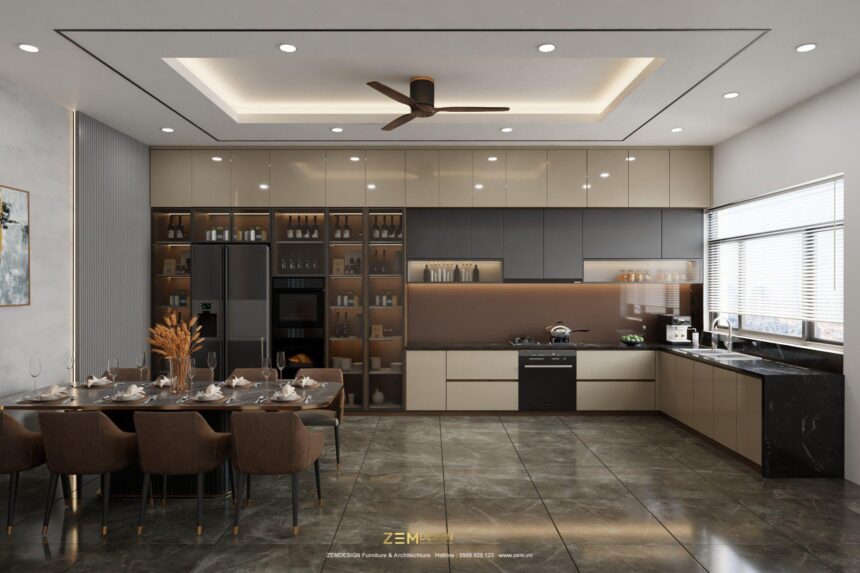 Mẫu bếp Acrylic màu kem 5 Tủ bếp kết hợp tủ rượu