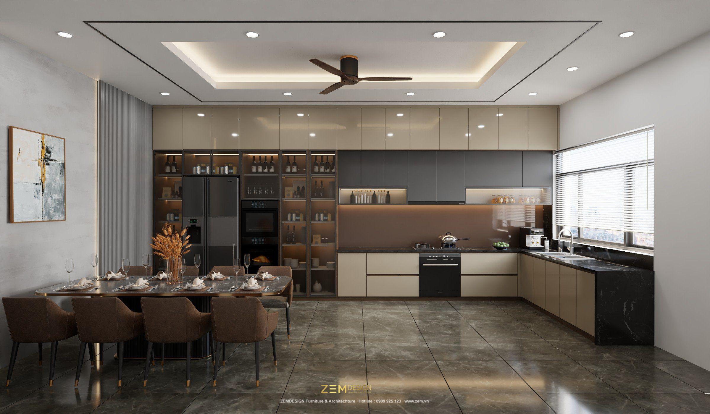 Mẫu bếp Acrylic màu kem 3 Tủ bếp kết hợp tủ rượu