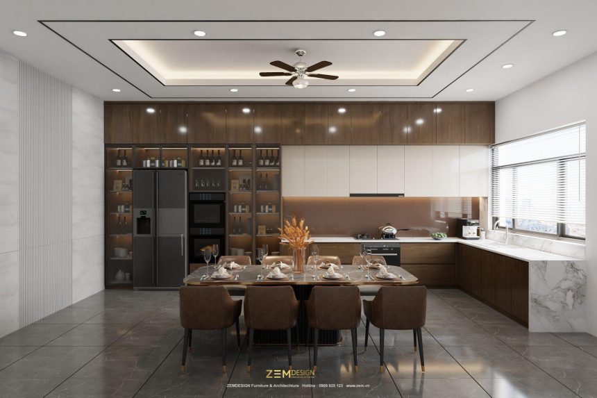 Tủ bếp gỗ mdf phủ acrylic màu gỗ