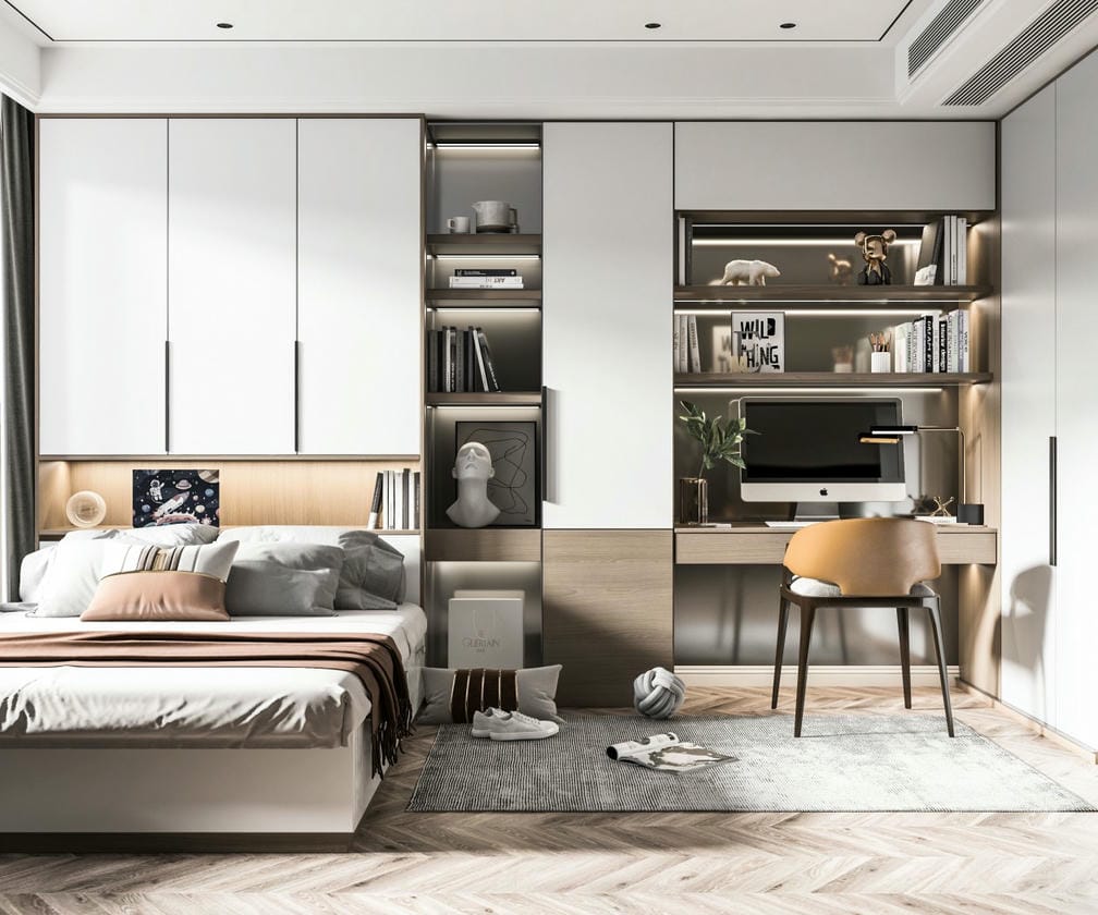 Phòng ngủ nhỏ trong thiết kế nội thất căn hộ 80m2 3 phòng ngủ Phòng ngủ nhỏ trong thiết kế nội thất căn hộ 80m2 3 phòng ngủ