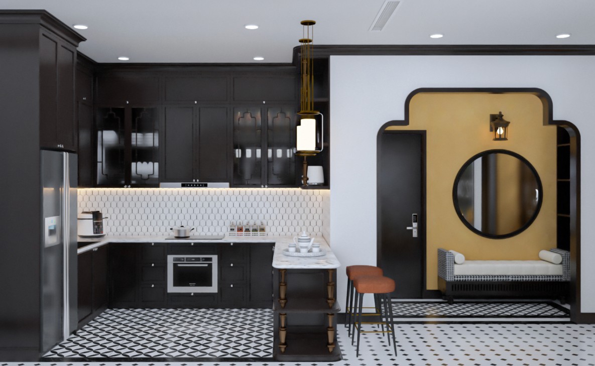 Bếp Indochine có quầy bar mini 