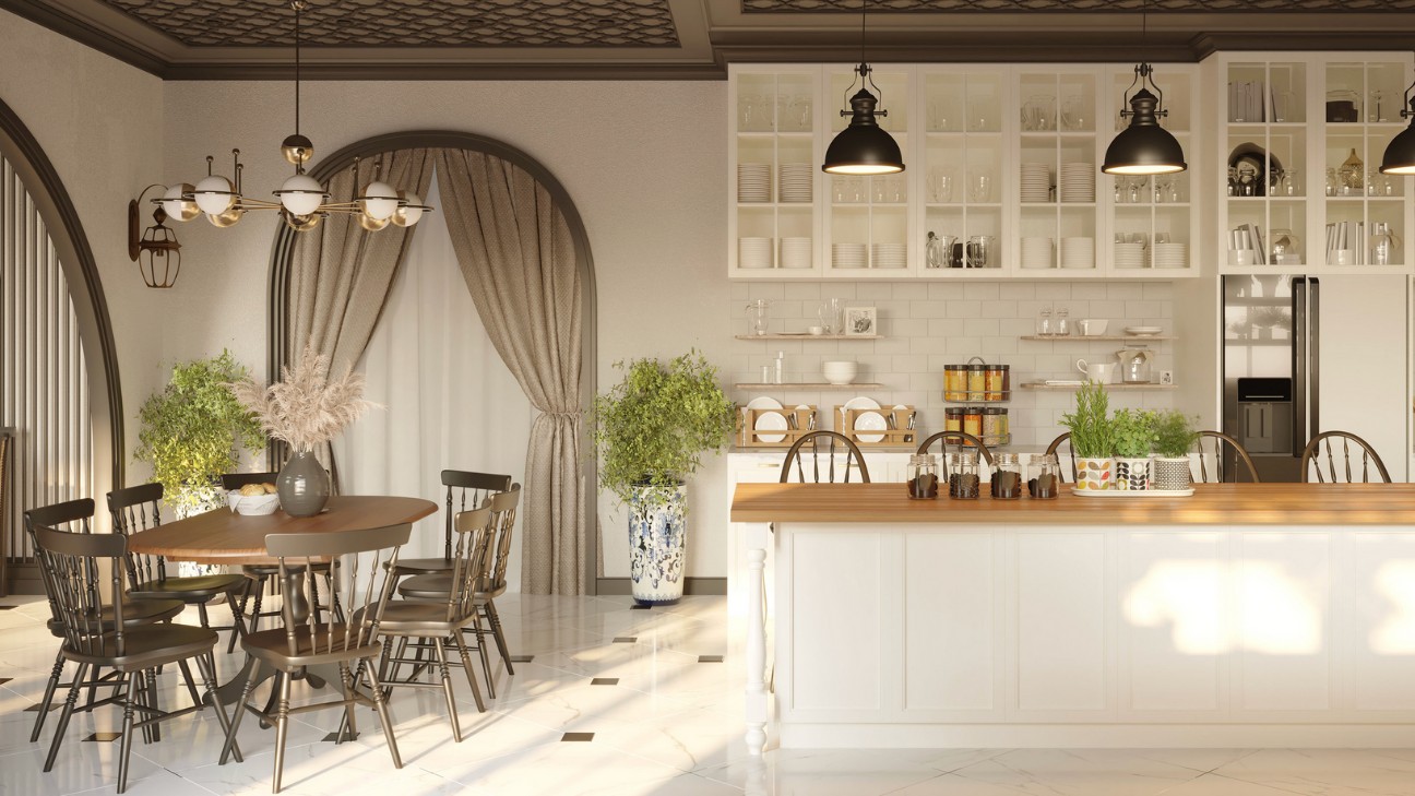 Bếp Indochine sử dụng vật liệu mộc và tự nhiên