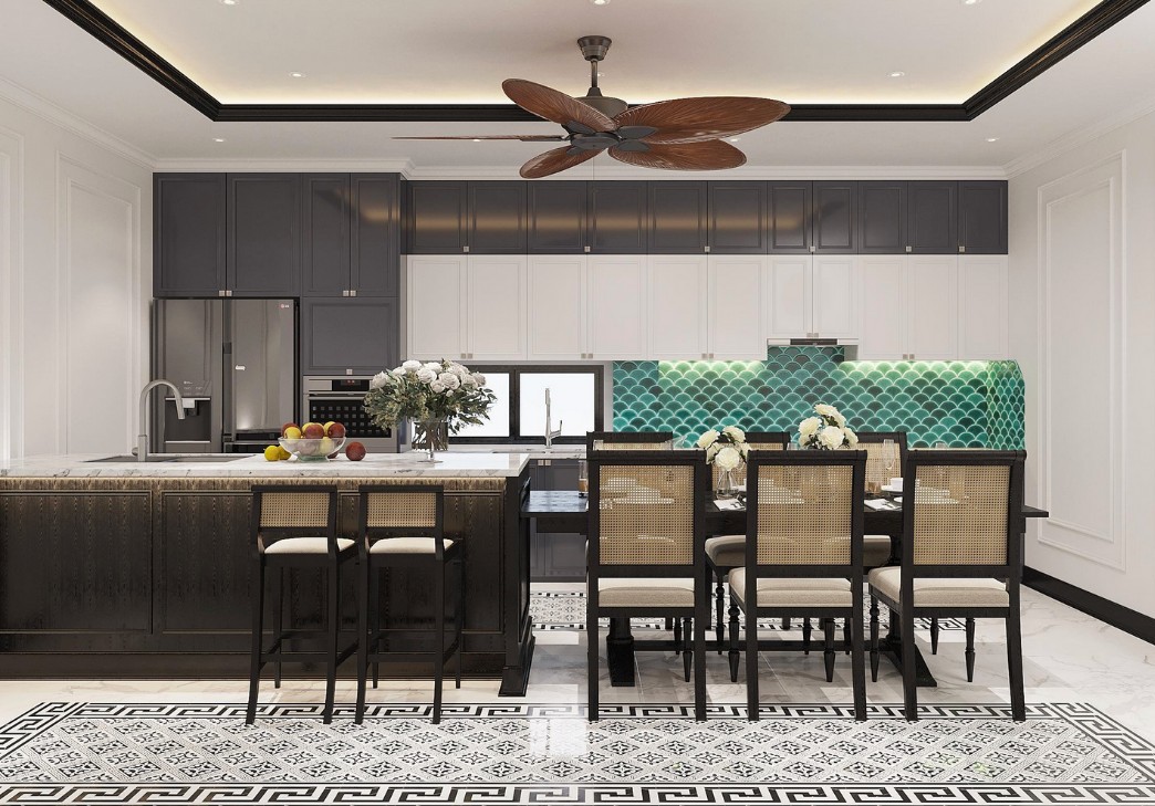 Bếp Indochine với bàn ăn gỗ và đèn thả mây tre đan