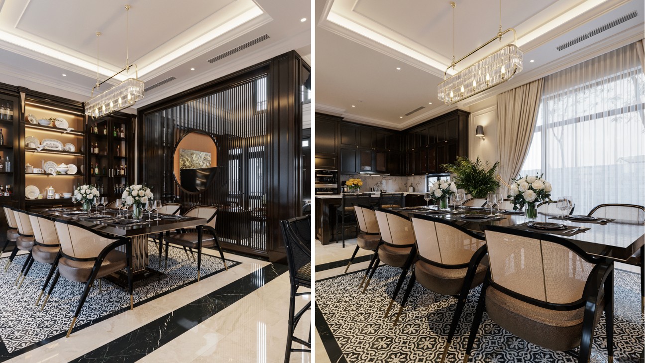 Bếp Indochine với gạch lát nền hoa văn xưa