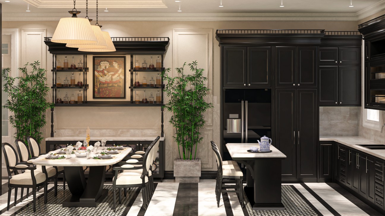 Bếp Indochine với hệ tủ gỗ tối màu và tường trắng