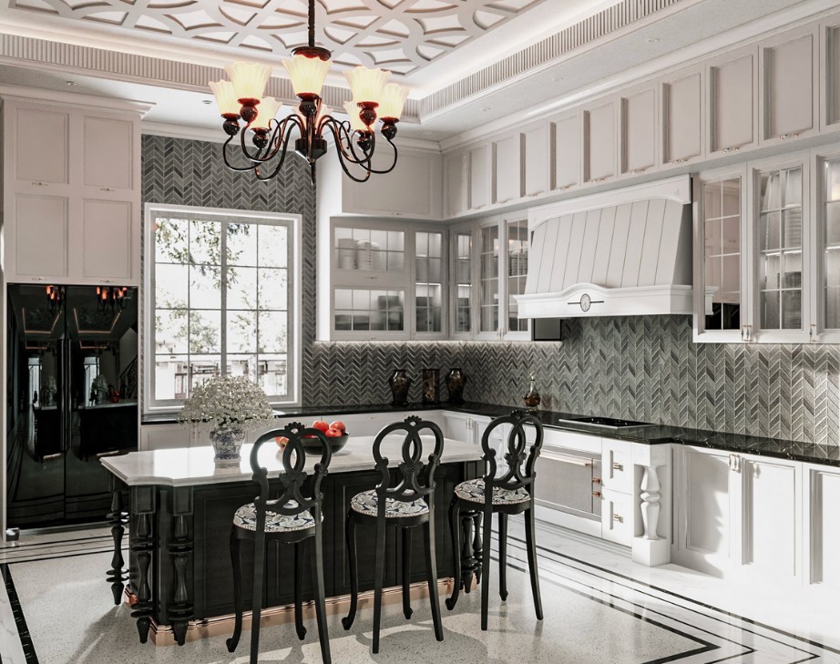 Góc bếp Indochine với cửa sổ lớn đón nắng