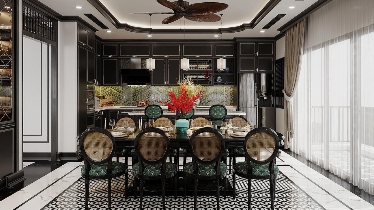 Không gian bếp Indochine với nội thất gỗ đen huyền bí