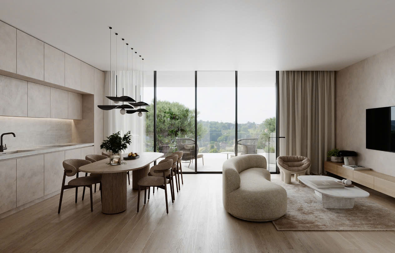 Không gian mở phòng khách liền bếp kiểu Châu Âu