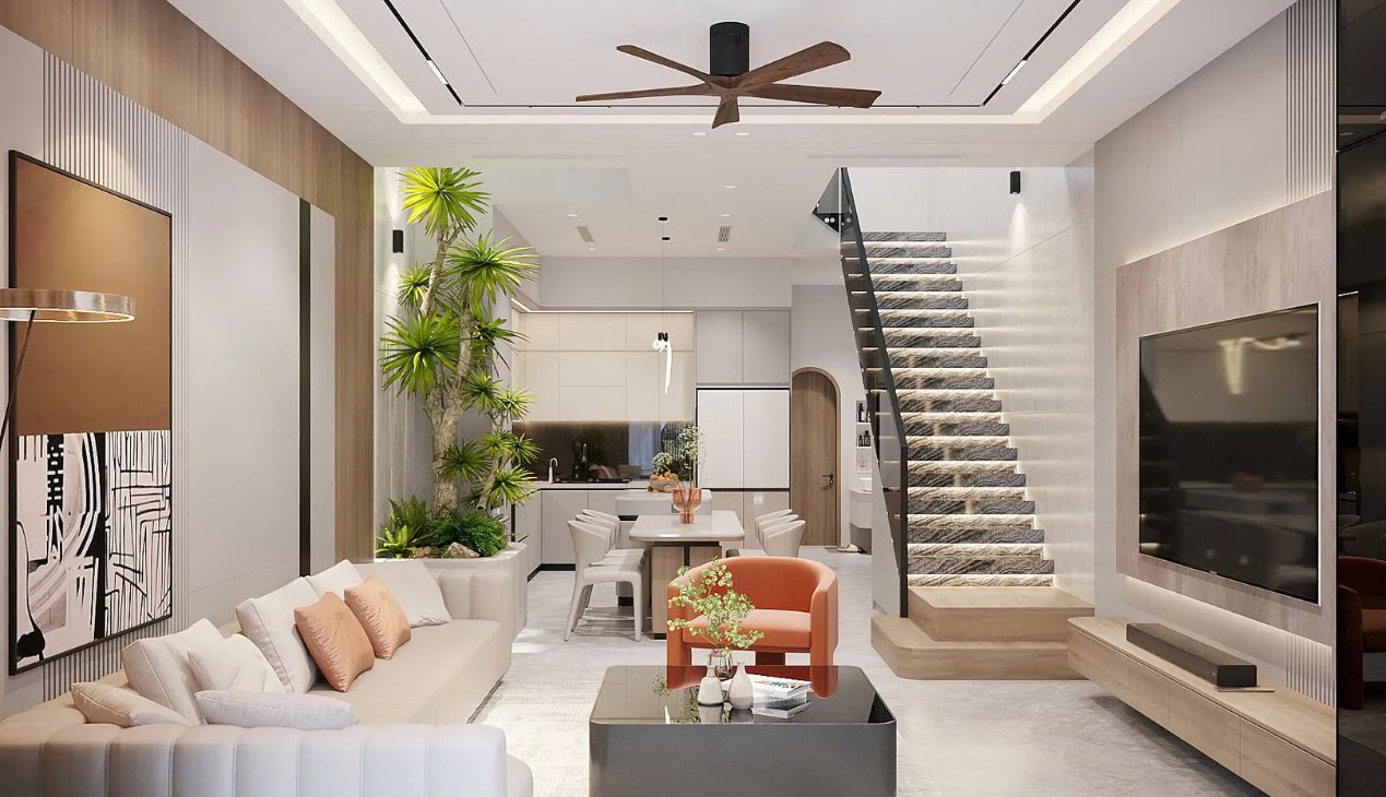 Mẫu cầu thang giữa phòng khách và bếp đẹp Mẫu cầu thang giữa phòng khách và bếp đẹp