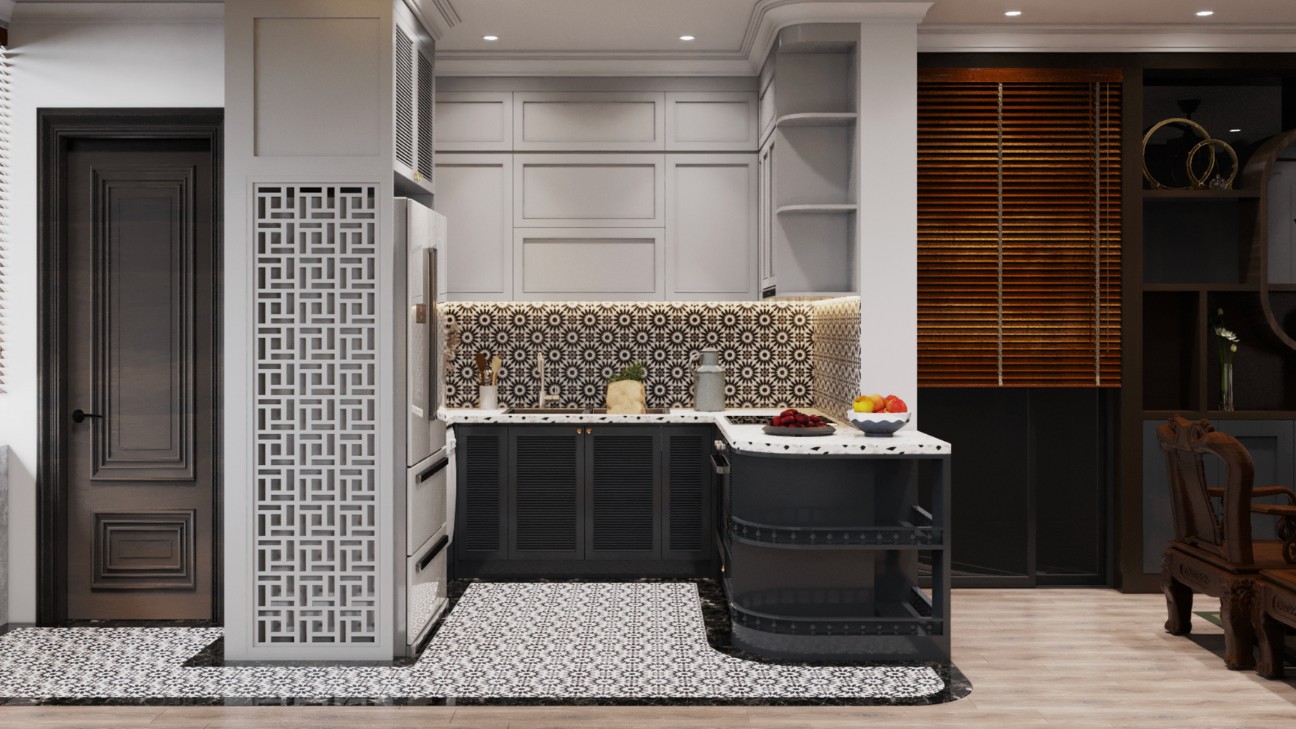 Phối màu tường bếp Indochine hài hòa và ấm cúng
