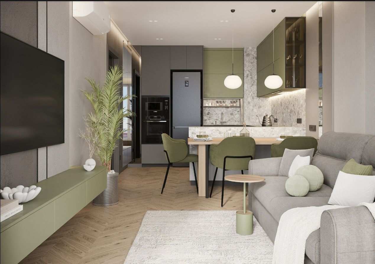 Phòng khách liền bếp 15m2 phong cách hiện đại Phòng khách liền bếp 15m2 phong cách hiện đại
