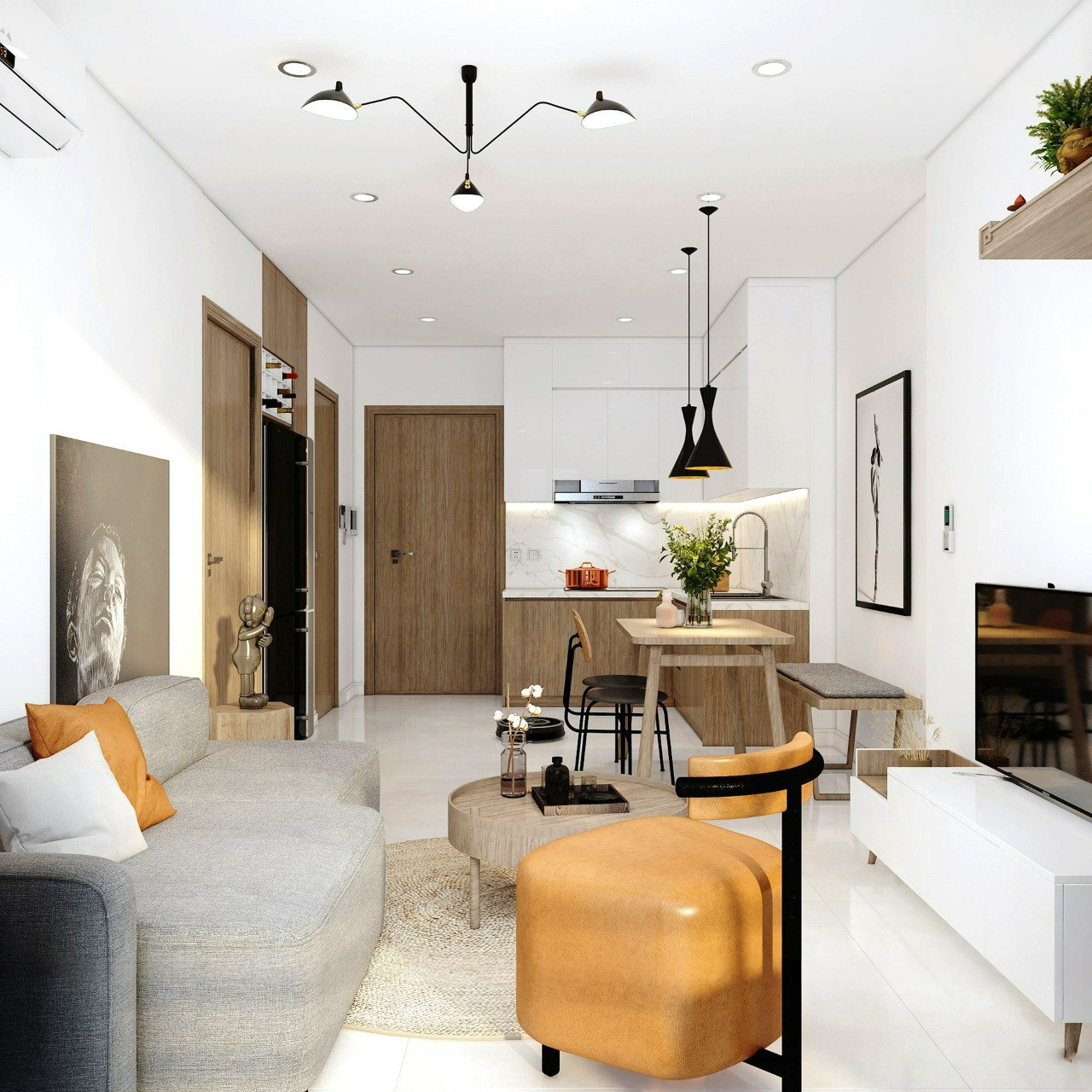 Phòng khách liền bếp 15m2 phong cách tối giản Phòng khách liền bếp 15m2 phong cách tối giản