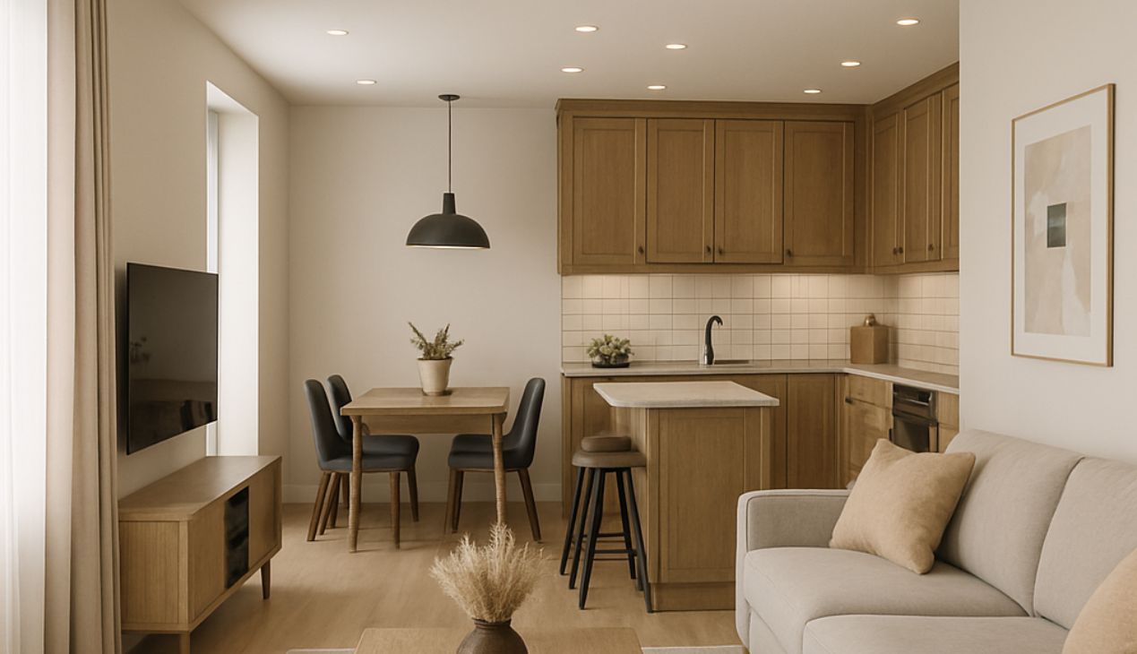 Phòng khách liền bếp 30m2 đơn giản Phòng khách liền bếp 30m2 đơn giản
