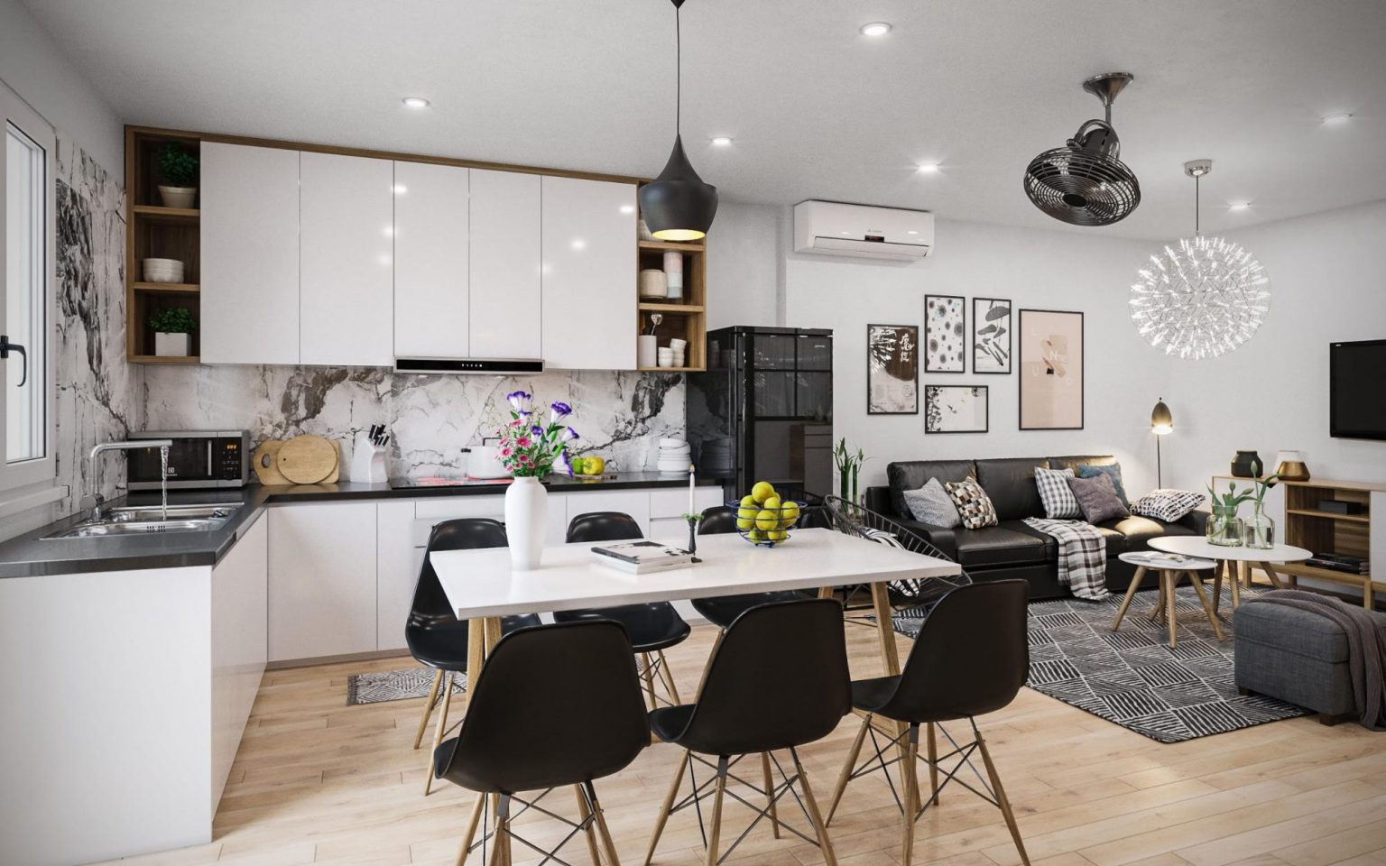 Phòng khách liền bếp 30m2 hiện đại Phòng khách liền bếp 30m2 hiện đại