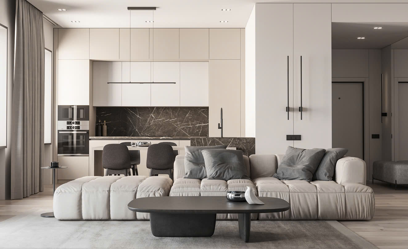 Phòng khách liền bếp 40m2 với nội thất hiện đại Phòng khách liền bếp 40m2 với nội thất hiện đại