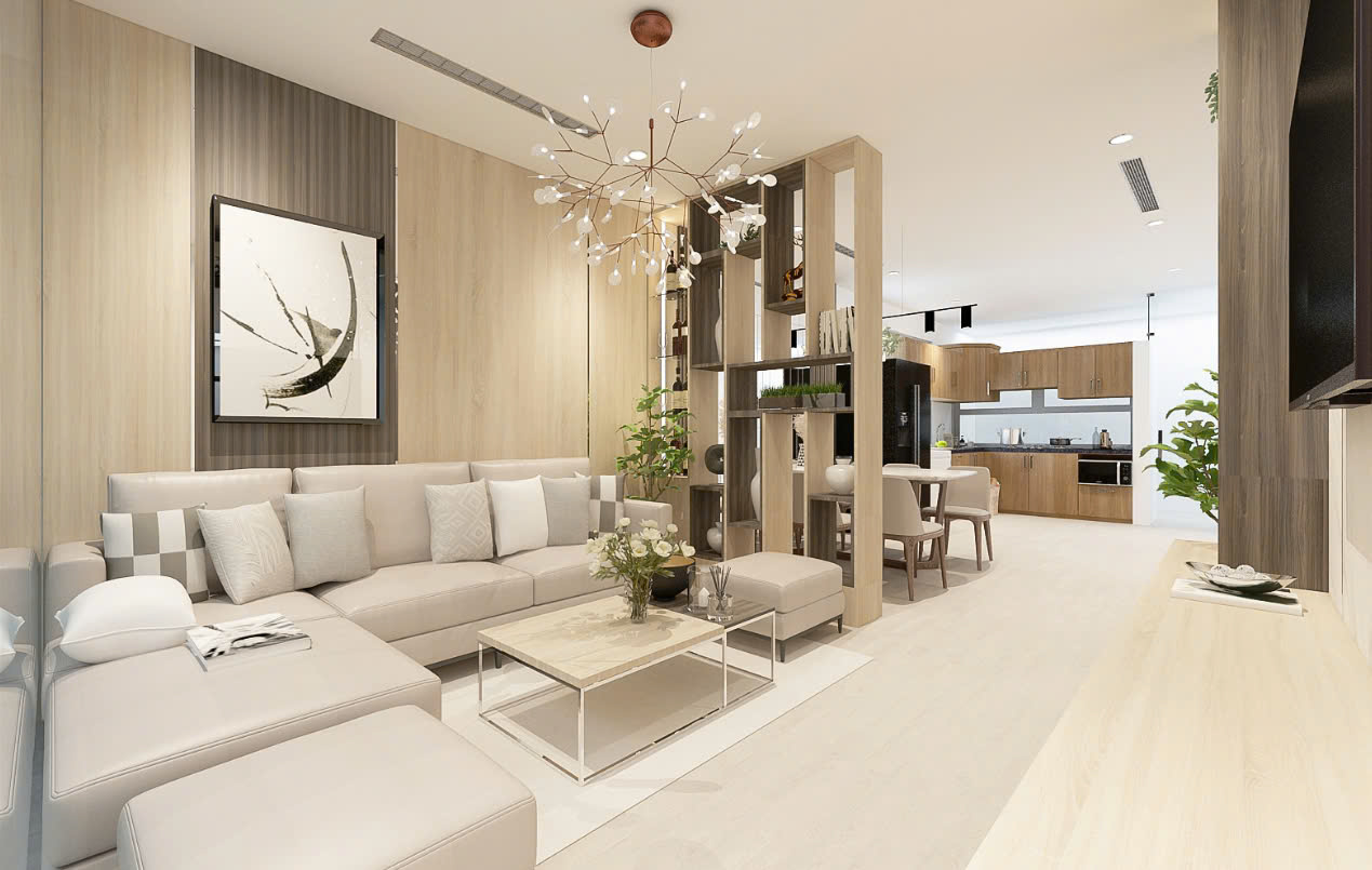 Phòng khách liền bếp 50m2 tối giản Phòng khách liền bếp 50m2 tối giản