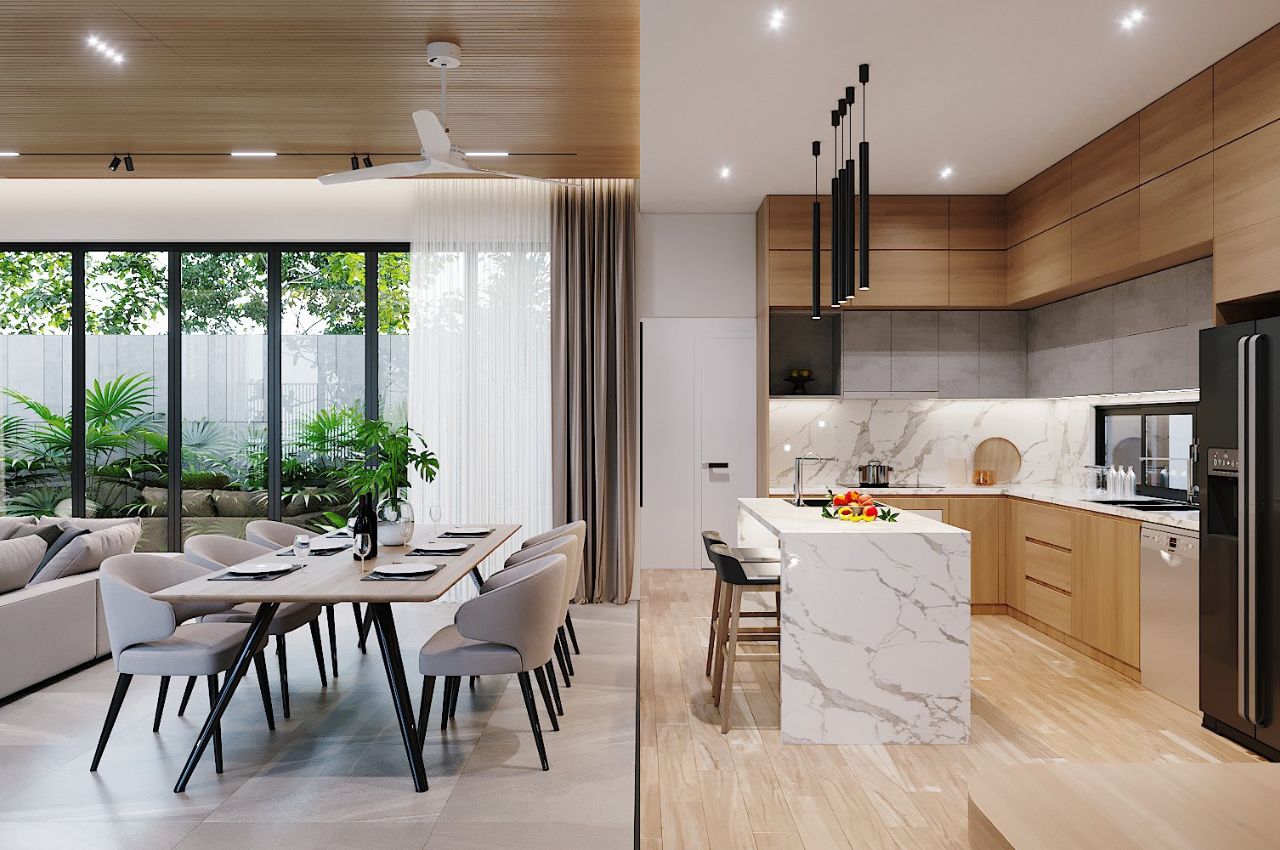 Phòng khách liền bếp có quầy bar mini