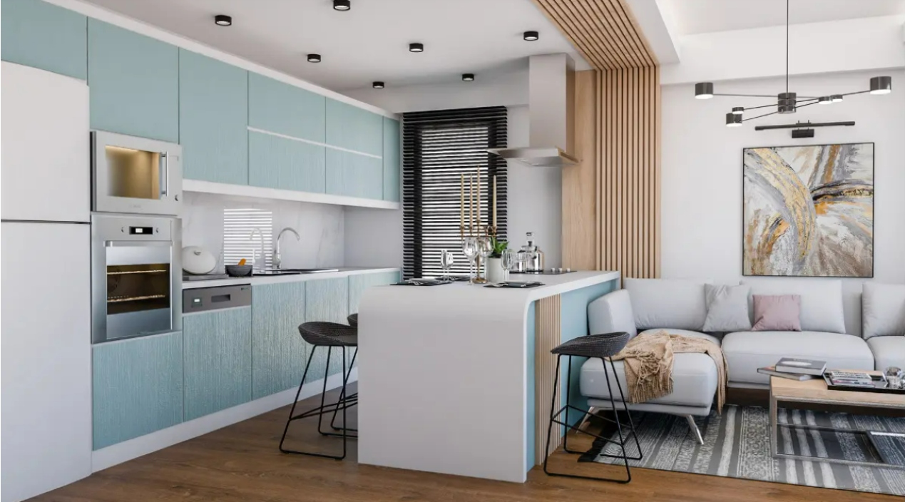 Phòng khách liền bếp theo chủ đạo tươi sáng Phòng khách liền bếp theo chủ đạo tươi sáng