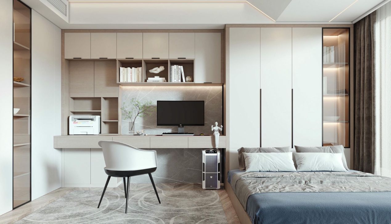 Phòng ngủ kết hợp làm việc phong cách tối giản Phòng ngủ kết hợp làm việc phong cách tối giản