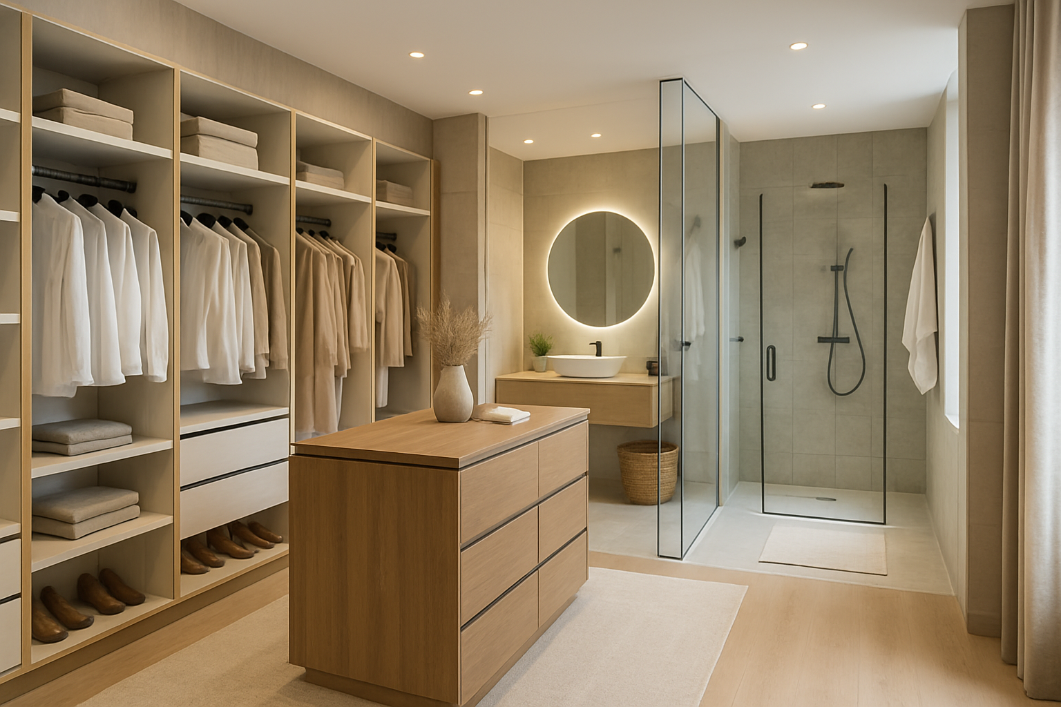 Phòng thay đồ kết hợp phòng tắm phong cách tối giản Phòng thay đồ kết hợp phòng tắm phong cách tối giản
