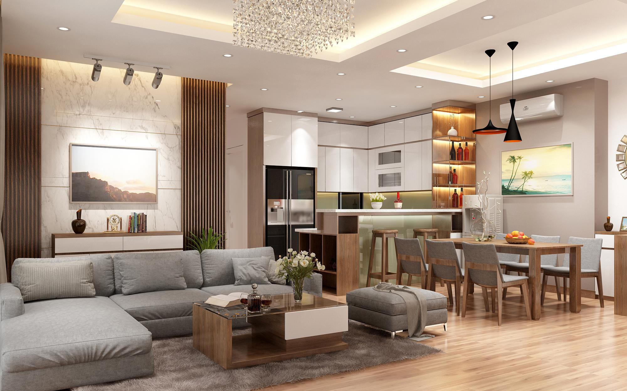 Sắp xếp phòng khách liền bếp 40m2 đẹp Sắp xếp phòng khách liền bếp 40m2 đẹp