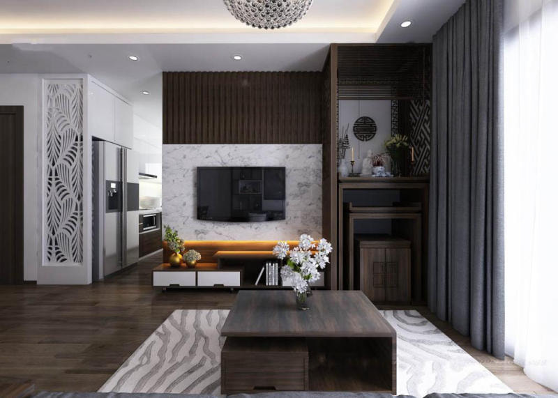 Thiết kế bàn thờ đứng có vách ngăn kệ tv