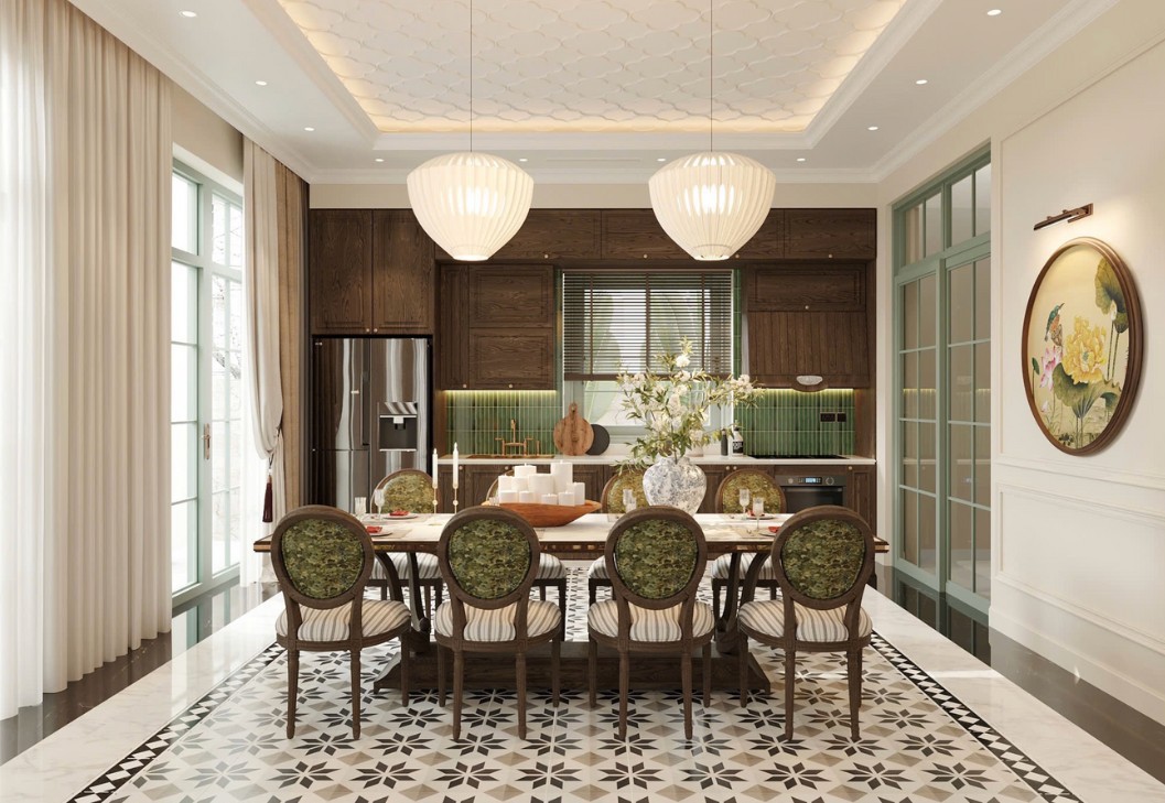 Thiết kế bếp Indochine với đèn trang trí kiểu Pháp