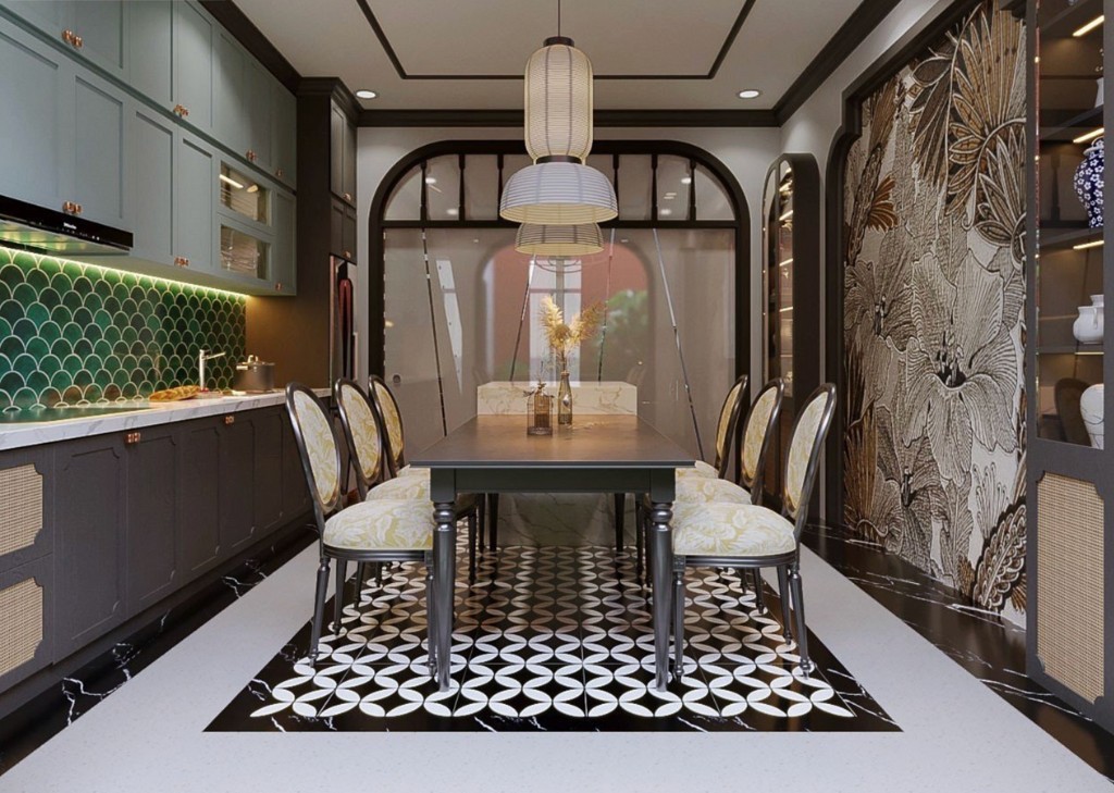 Thiết kế bếp phong cách Indochine trong nhà phố 2 tầng