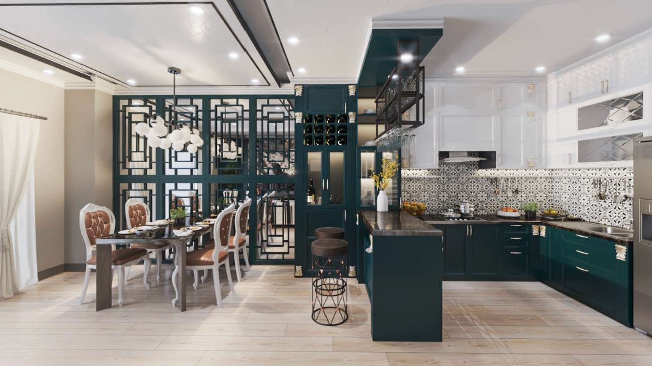 Thiết kế đảo bếp trong phong cách Indochine cổ điển