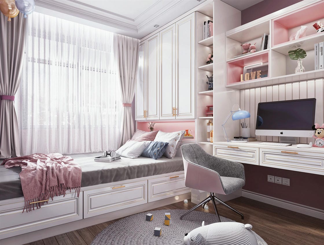 Thiết kế phòng ngủ 10m2 phong cách Hàn Quốc cho bé gái