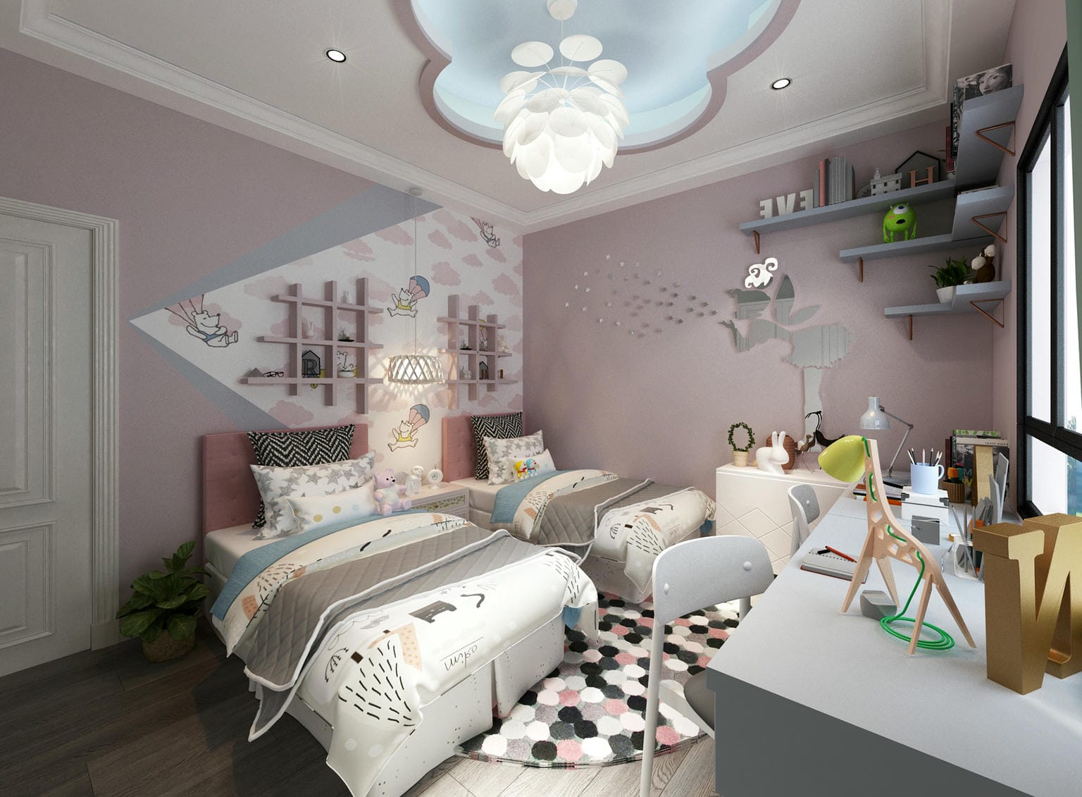 Thiết kế phòng ngủ 2 giường cho bé gái đẹp