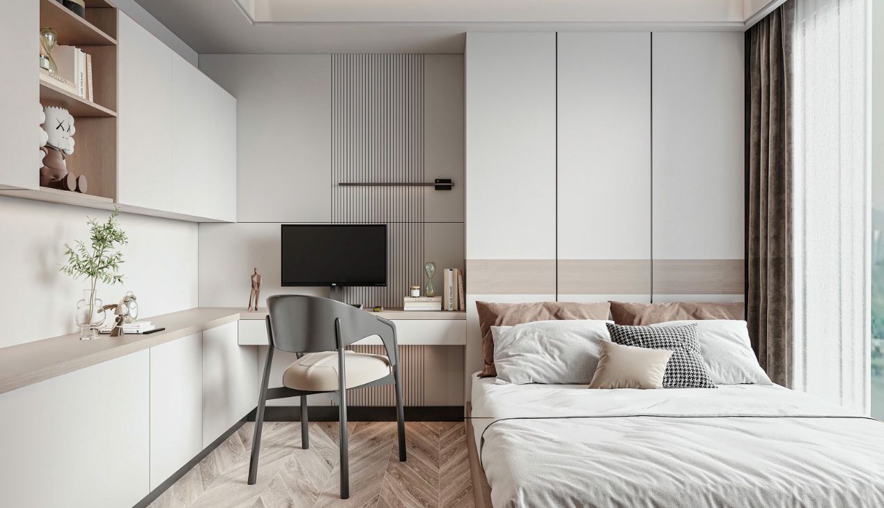 Thiết kế phòng ngủ kết hợp làm việc hiện đại Thiết kế phòng ngủ kết hợp làm việc hiện đại