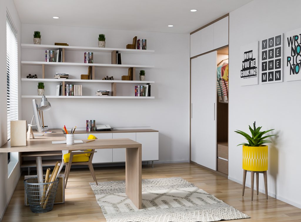 Bàn làm việc và kệ sách từ gỗ veneer