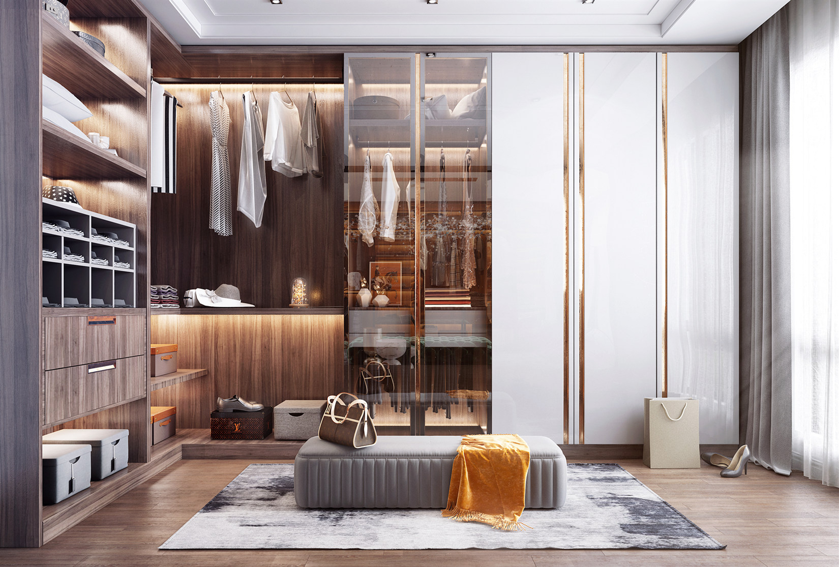 Mẫu thiết kế phòng thay đồ ứng dụng gỗ veneer đẹp