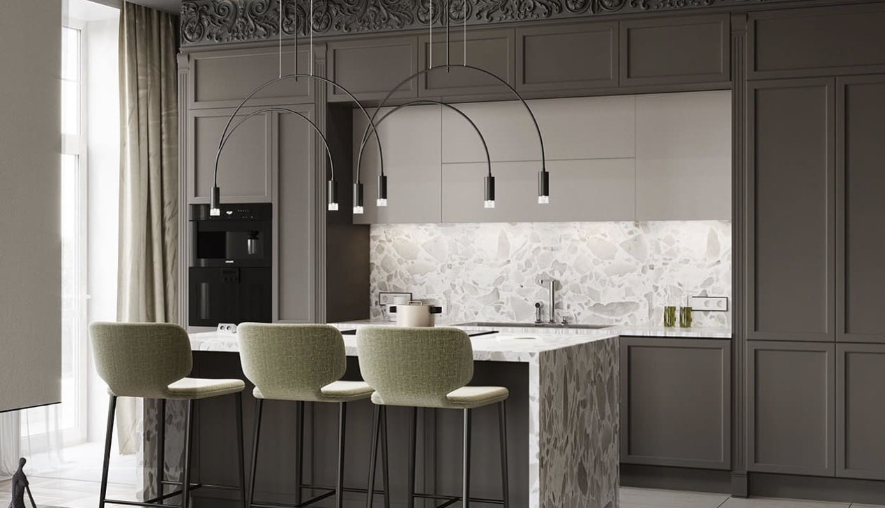 Thiết kế nội thất phòng bếp tân cổ điển kết hợp mặt bàn đá Cẩm Thạch Thiết kế nội thất phòng bếp tân cổ điển kết hợp mặt bàn đá Cẩm Thạch