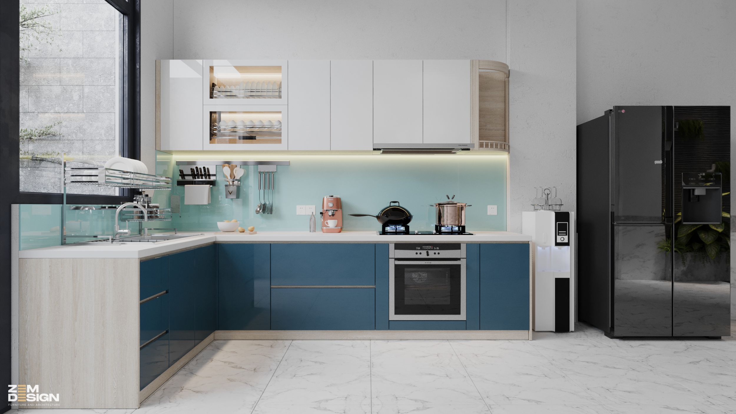 Tủ bếp acrylic chữ L bóng gương màu xanh coban
