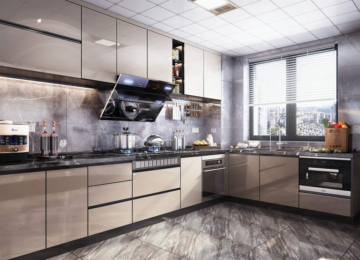 Tủ bếp acrylic chữ L có cửa sổ