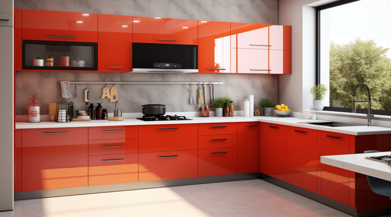 Tủ bếp acrylic chữ L mù đỏ cam