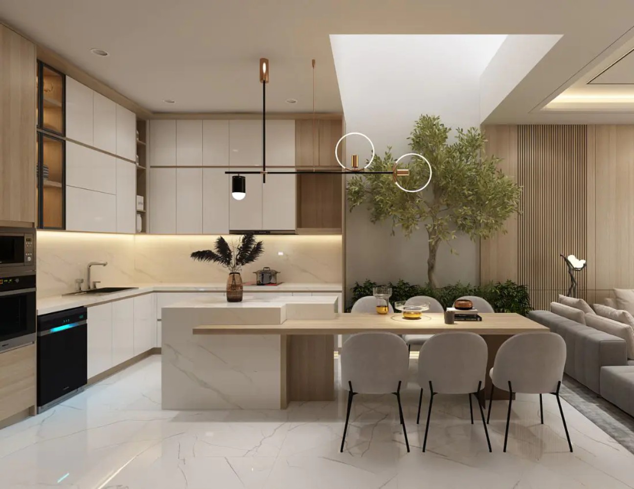 Bếp chữ L liên kết phòng ăn bằng vật liệu tương đồng