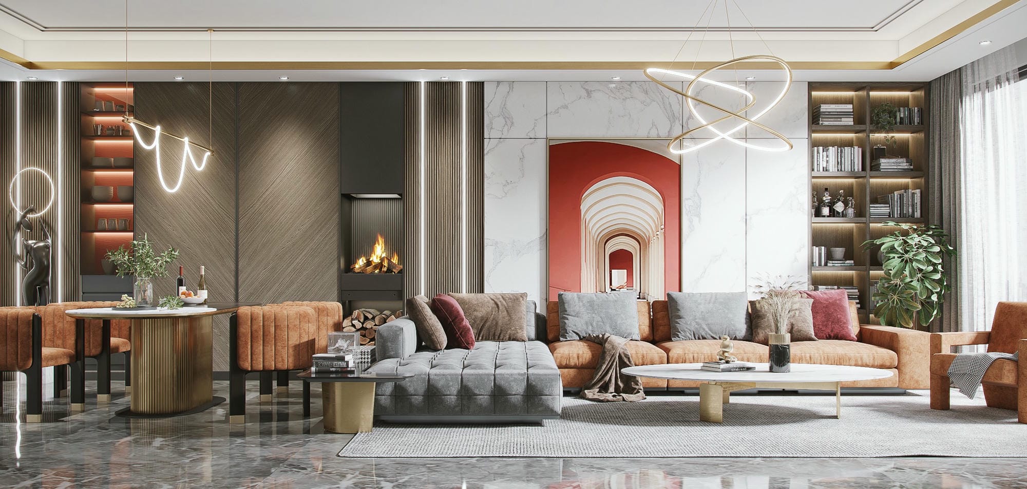 Decor kệ góc tường phòng khách nhà phố