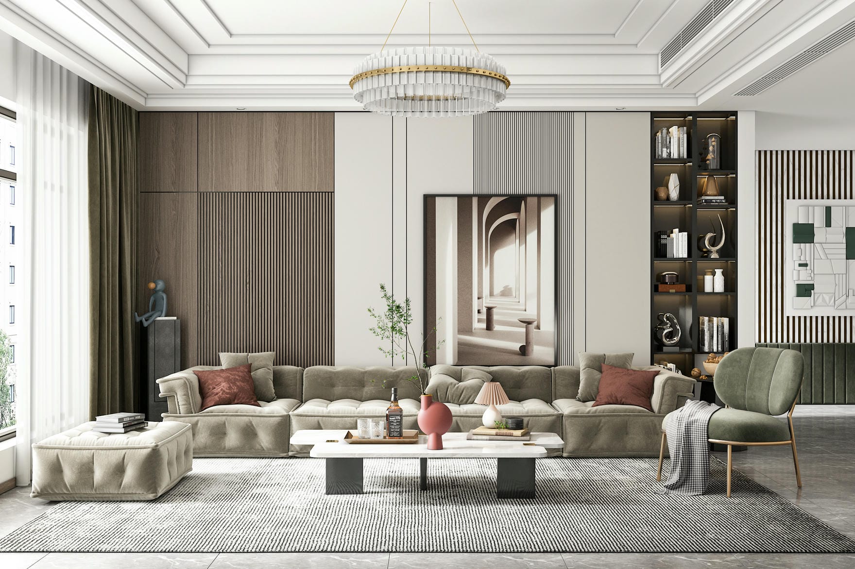 Kệ góc tường gỗ công nghiệp cho phòng khách