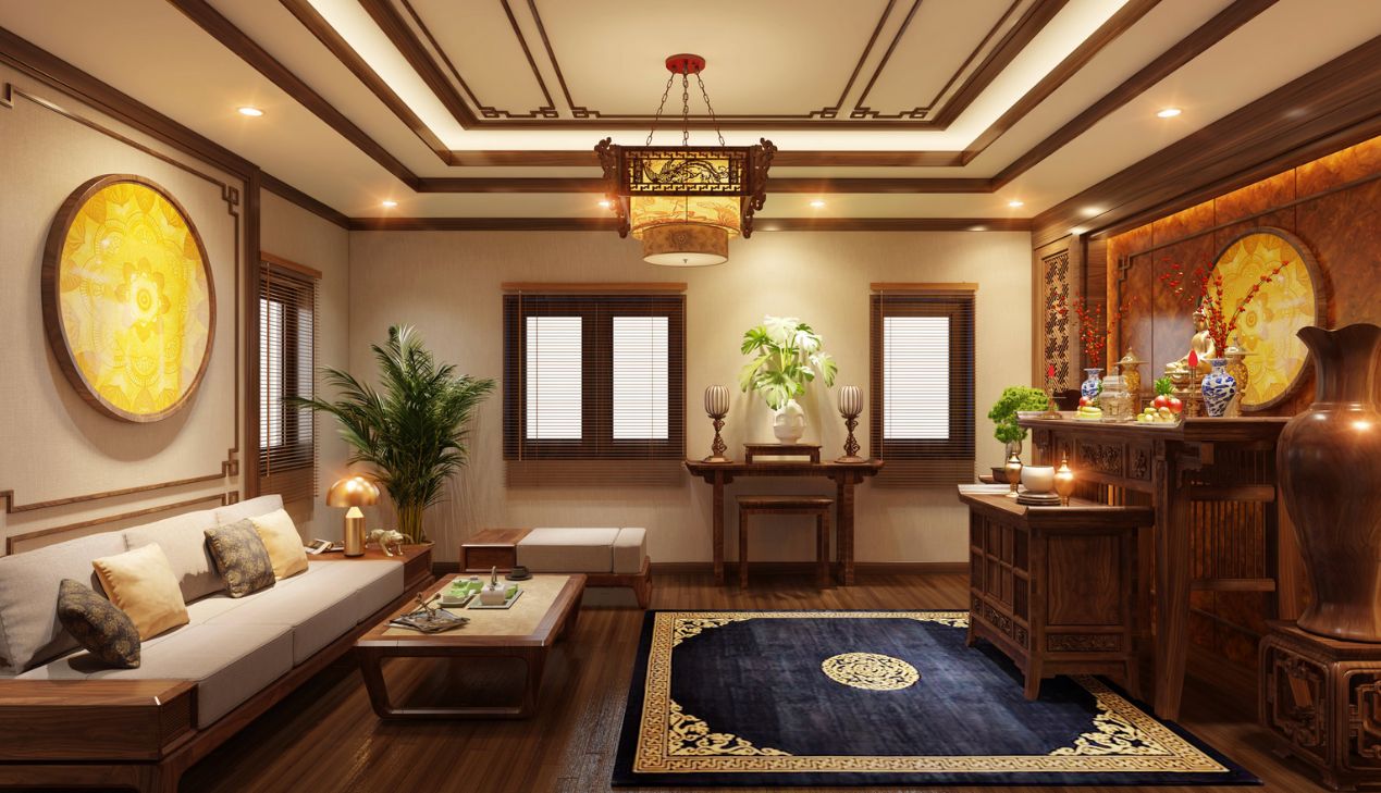 Mẫu bàn thờ phòng khách bằng gỗ óc chó sang trọng
