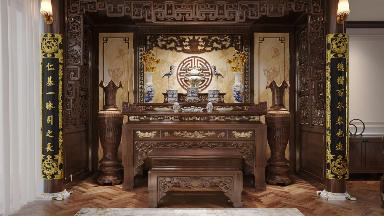 Mẫu phòng thờ gỗ hương đỏ cao cấp truyền thống Mẫu phòng thờ gỗ hương đỏ cao cấp truyền thống