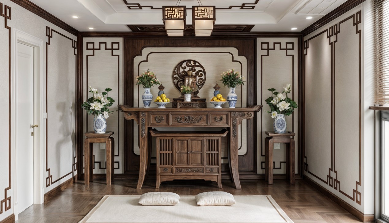 Mẫu phòng thờ rộng có thể kết hợp làm nơi đọc sách Mẫu phòng thờ rộng có thể kết hợp làm nơi đọc sách