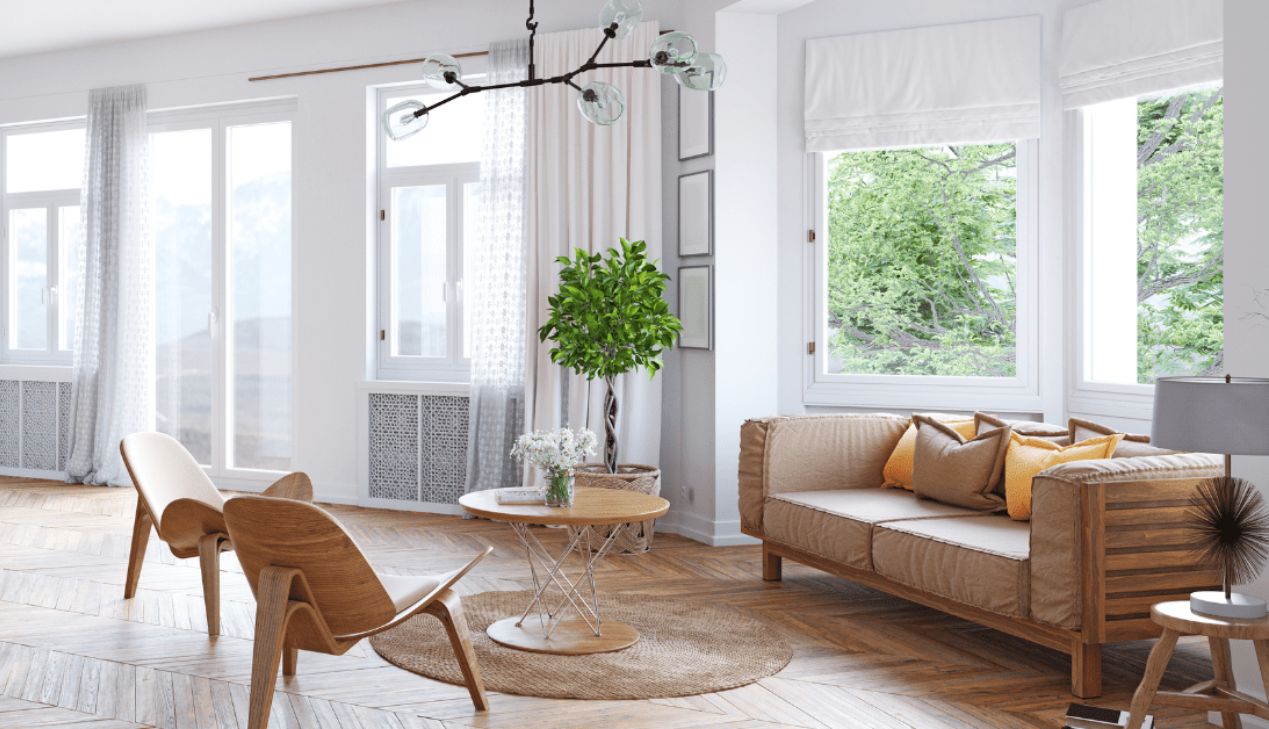 Mẫu thiết kế phòng khách đẹp có nội thất từ gỗ tự nhiên