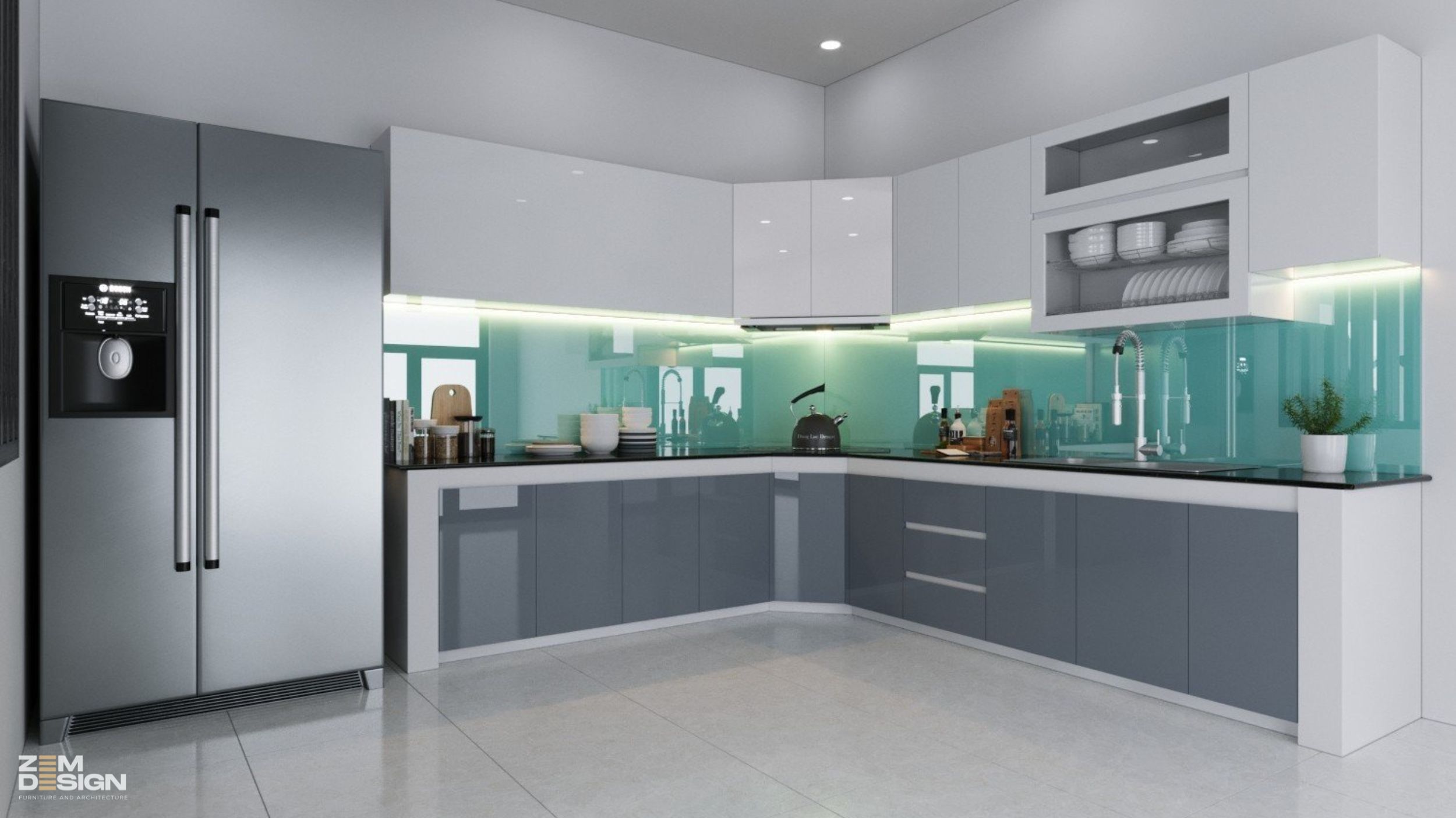 Mẫu tủ bếp acrylic chữ L bóng gương màu xám trắng