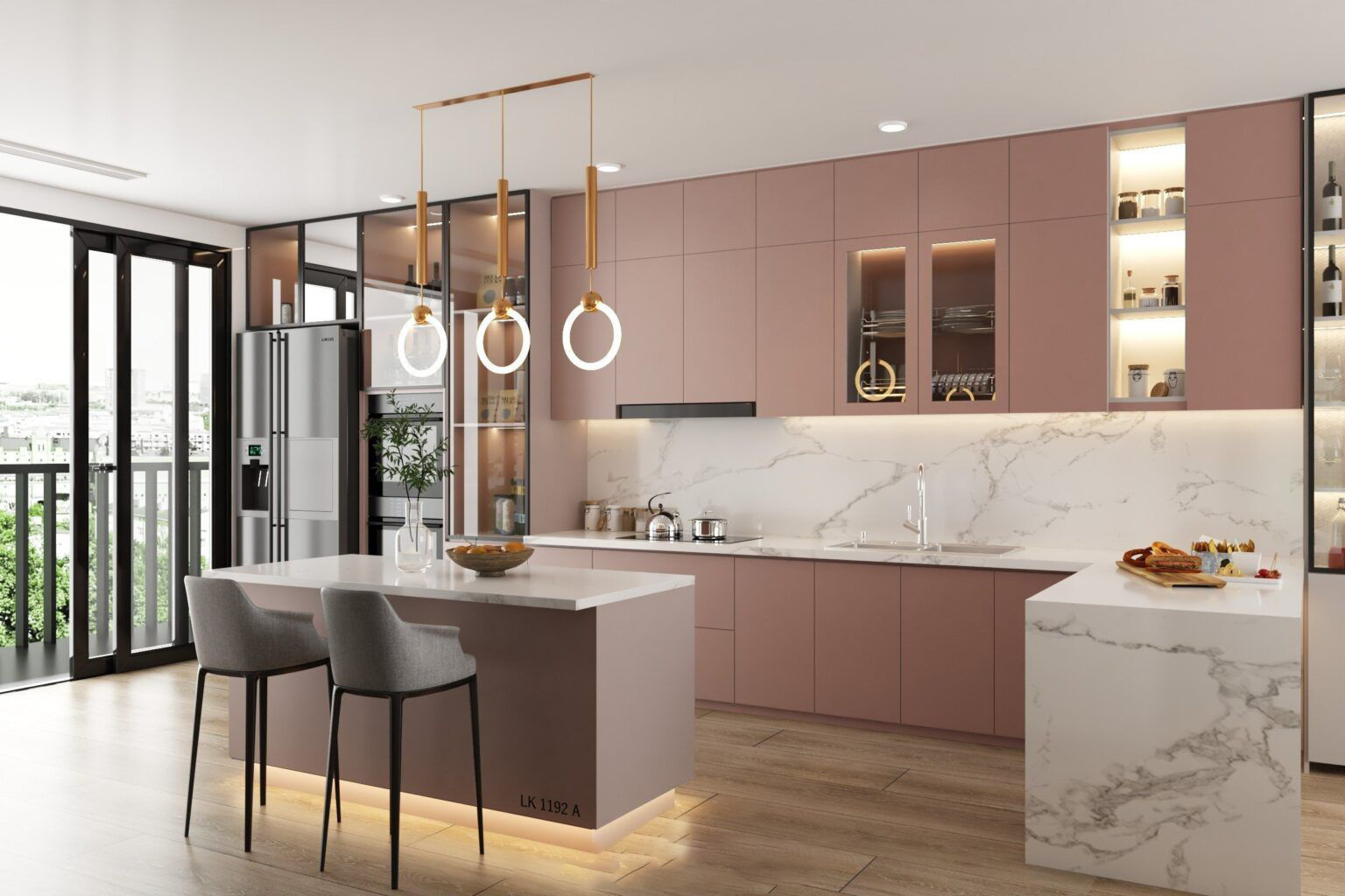 Mẫu tủ bếp acrylic có quầy bar