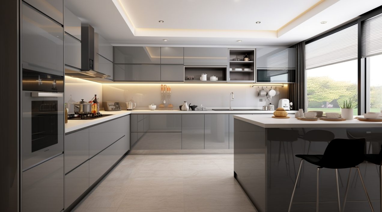 Mẫu tủ bếp acrylic chữ L tiện nghi