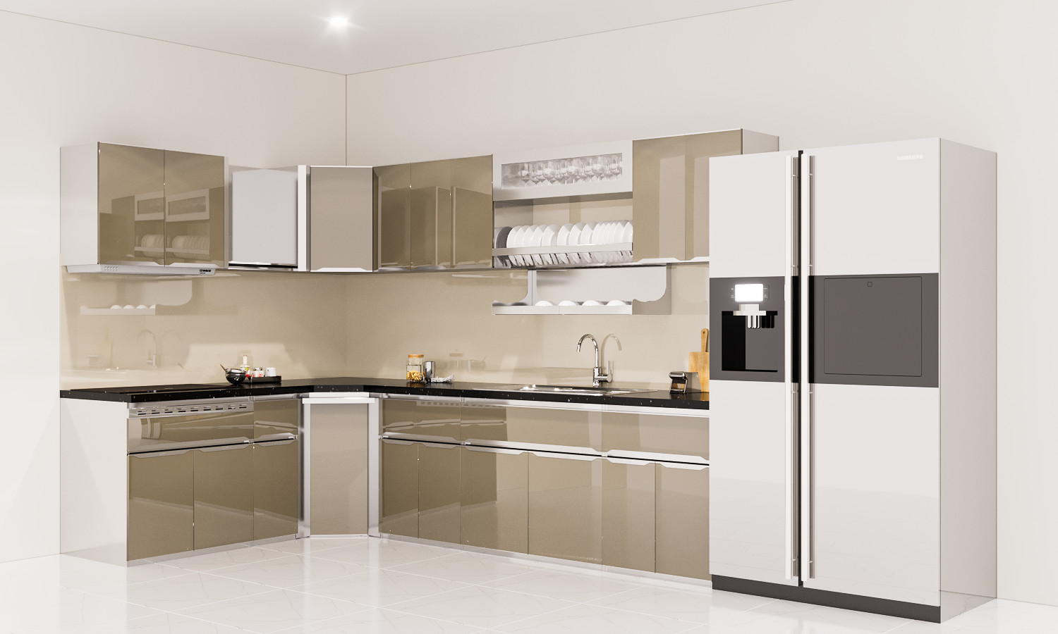 Mẫu tủ bếp chữ L nhôm kính phủ sơn tĩnh đẹp